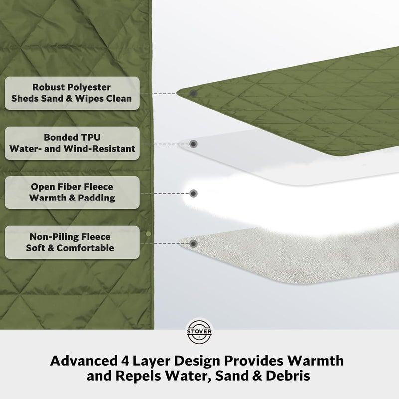 STOVER Outdoor Waterproof Fleece Travel Blanket for Camping, Picnics, Stadiums, Sports, The Beach– Warm, Windproof, Compact, Lightweight & Sand-Resistant (Olive Green) - Image 5